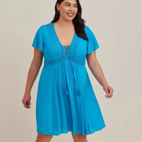Torrid Mini Gauze Lace Up Skater Dress - Picture 1 of 14